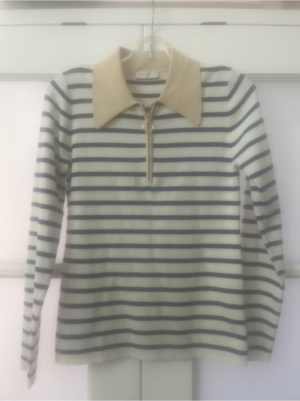 Sandro Cream & Navy Striped Zip Polo Sweater with Tan Collar